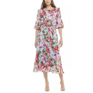 Donna Ricco Printed Tie-Waist Midi Dress Size 8 Multi Floral Sheer Sleeve‎ NWT